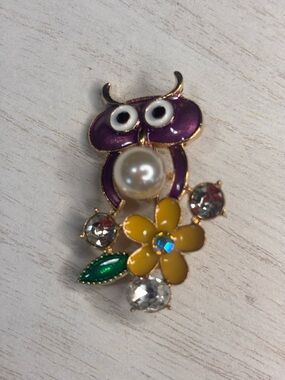 Purple Owl Pearl & Yellow Flower Brooch - Women Jewelry